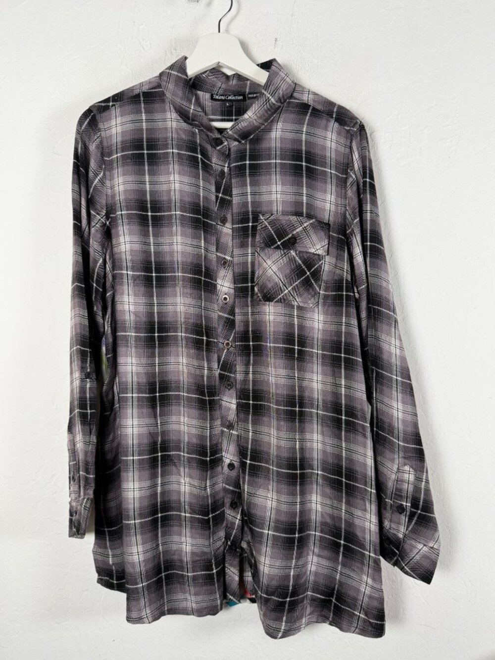 Tolani Collection Plaid Shirt Womens Large Black Floral Back Tunic Button Up Top